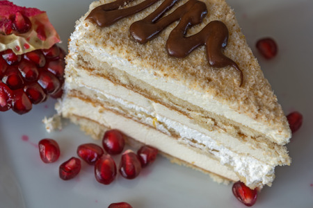 Portion homemade cream cake with pomegranate seeds and chocolate spread. Macro view.