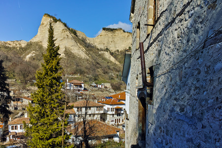 Amazing Panorama of town of Melnik and sand pyramids, Blagoevgrad region, Bulgariaのeditorial素材