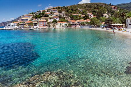 Amazing Panorama and beach of Assos village and beautiful sea bay, Kefalonia, Ionian islands, Greeceの写真素材