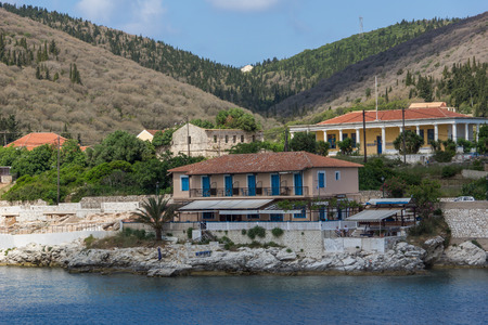 FISKARDO, KEFALONIA, GREECE - MAY 25  2015:  Panoramic view of town of Fiskardo, Kefalonia, Ionian islands, Greeceのeditorial素材