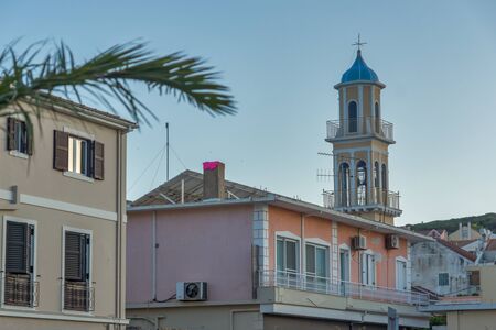 ARGOSTOLI, KEFALONIA, GREECE - MAY 25  2015:  Bell tower of church in the town of Argostoli, Kefalonia, Ionian islands, Greeceのeditorial素材