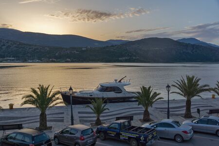 ARGOSTOLI, KEFALONIA, GREECE - MAY 26  2015:  Sunrise view of Embankment and port of Argostoli, Kefalonia, Ionian islands, Greeceのeditorial素材