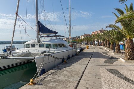 ARGOSTOLI, KEFALONIA, GREECE - MAY 26 2015:   Panorama of Embankment and port of town of Argostoli, Kefalonia, Ionian islands, Greeceのeditorial素材