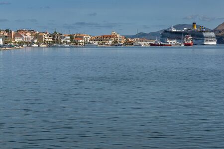 ARGOSTOLI, KEFALONIA, GREECE - MAY 26 2015:  Panorama of town of Argostoli and cruise ship, Kefalonia, Ionian islands, Greeceのeditorial素材