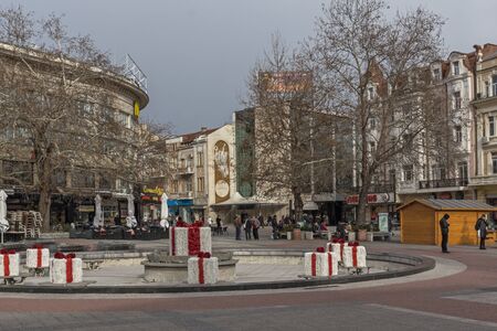 PLOVDIV, BULGARIA - DECEMBER 30 2016: Houses and Walking street in city of Plovdiv, Bulgariaのeditorial素材