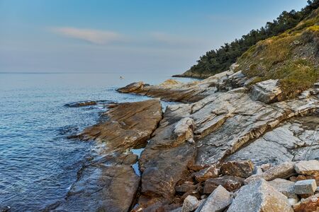 Sunset on coastline of Thassos town, East Macedonia and Thrace, Greeceの写真素材