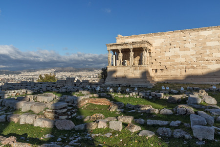 The Porch of the Caryatids in The Erechtheion an ancient Greek temple on the north side of the Acropolis of Athens, Attica, Greeceの写真素材