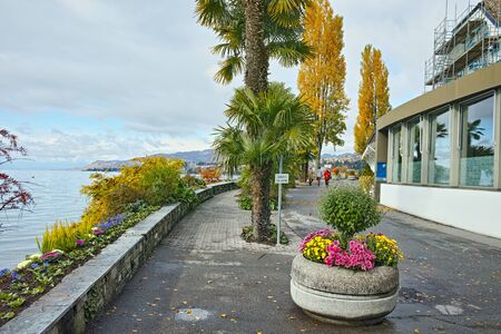 Autumn view of embankment of Montereux, canton of Vaud, Switzerlandの写真素材