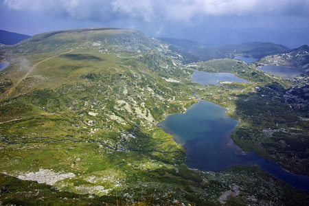 Amazing Panorama of The Twin, The Trefoil, The Fish and the upper Lakes, The Seven Rila Lakes, Bulgariaの写真素材