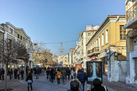 PLOVDIV, BULGARIA - JANUARY 2 2017: Knyaz Alexander I street in city of Plovdiv, Bulgariaのeditorial素材