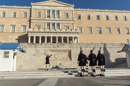 ATHENS, GREECE - JANUARY 19 2017:  Evzones - presidential ceremonial guards in the Tomb of the Unknown Soldier at the Greek Parliament, Athens, Greeceのeditorial素材