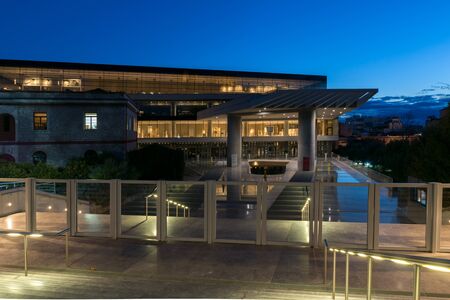ATHENS, GREECE - JANUARY 19 2017: Night photo of Acropolis Museum in Athens, Attica, Greeceのeditorial素材
