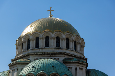 SOFIA, BULGARIA - APRIL 1, 2017: The golden domes of Cathedral Saint Alexander Nevski in Sofia, Bulgariaのeditorial素材