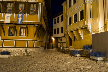 PLOVDIV, BULGARIA - SEPTEMBER 2 2016:  Night photo of Houes in old town of city of Plovdiv, Bulgariaのeditorial素材