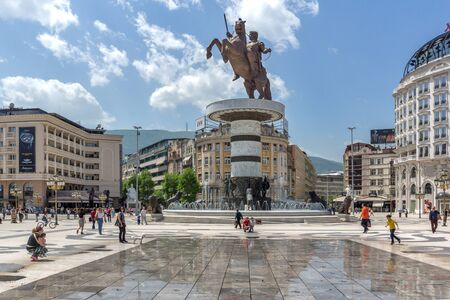 SKOPJE, REPUBLIC OF MACEDONIA - 13 MAY 2017: Skopje City Center and Alexander the Great Monument, Macedoniaのeditorial素材