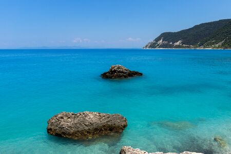 Panoramic view of Agios Nikitas Beach with blue waters, Lefkada, Ionian Islands, Greeceの写真素材