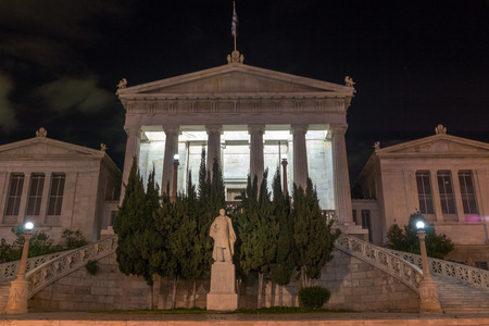 ATHENS, GREECE - JANUARY 19 2017:  Night view of National Library  of Athens, Attica, Greeceのeditorial素材