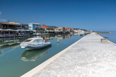 LEFKADA TOWN, GREECE - JULY 17, 2014: Panoramic view of embankment in Lefkada town, Ionian Islands, Greeceのeditorial素材