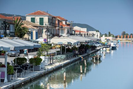 LEFKADA TOWN, GREECE - JULY 17, 2014: Panoramic view of embankment in Lefkada town, Ionian Islands, Greeceのeditorial素材