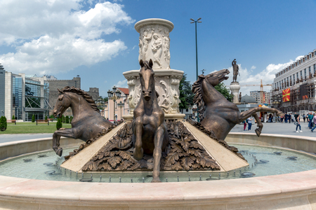 SKOPJE, REPUBLIC OF MACEDONIA - 13 MAY 2017: Fountain in the centre of city of  Skopje, Republic of Macedoniaのeditorial素材