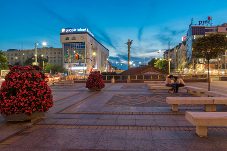 SOFIA, BULGARIA - JULY 21, 2017: Night photo of Independence Square and Hagia Sophia monument in city of Sofia, Bulgariaのeditorial素材