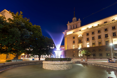 SOFIA, BULGARIA - JULY 21, 2017: Night photo of Fountain in front of The Building of the Presidency and Former Communist Party House in Sofia, Bulgariaのeditorial素材