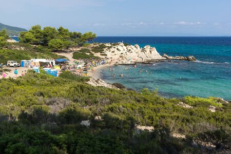 CHALKIDIKI, CENTRAL MACEDONIA, GREECE - AUGUST 26, 2014: Seascape of Orange Beach Kavourotripes at Sithonia peninsula, Chalkidiki, Central Macedonia, Greeceのeditorial素材