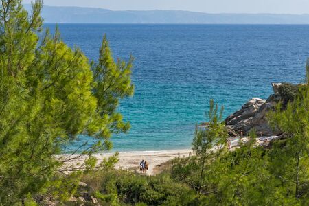 CHALKIDIKI, CENTRAL MACEDONIA, GREECE - AUGUST 26, 2014: Seascape of Fava Beach Vourvourou at Sithonia peninsula, Chalkidiki, Central Macedonia, Greeceのeditorial素材