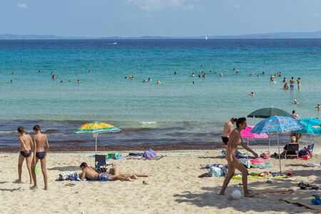 CHALKIDIKI, CENTRAL MACEDONIA, GREECE - AUGUST 26, 2014: Seascape of Karidi Beach Vourvourou at Sithonia peninsula, Chalkidiki, Central Macedonia, Greeceのeditorial素材