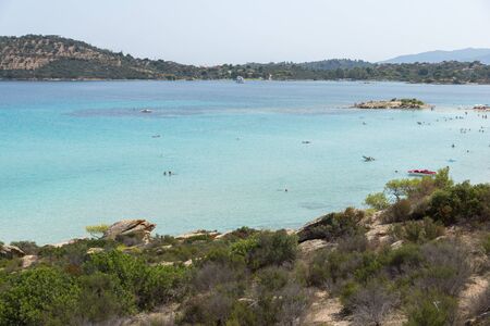 CHALKIDIKI, CENTRAL MACEDONIA, GREECE - AUGUST 26, 2014: Seascape of Lagonisi Beach at Sithonia peninsula, Chalkidiki, Central Macedonia, Greeceのeditorial素材