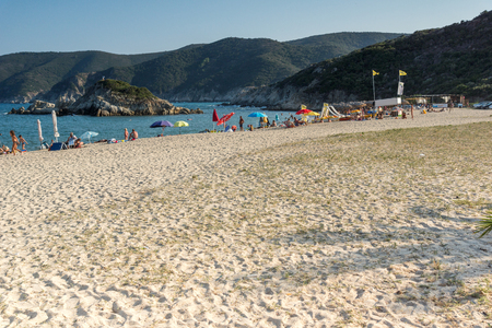 CHALKIDIKI, CENTRAL MACEDONIA, GREECE - AUGUST 25, 2014: Seascape of Kalamitsi Beach at Chalkidiki, Central Macedonia, Greeceのeditorial素材