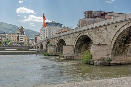 SKOPJE, REPUBLIC OF MACEDONIA - 13 MAY 2017: Skopje City Center, Old Stone Bridge and Vardar River, Republic of Macedoniaのeditorial素材