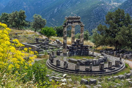 Amazing view of Ruins and Athena Pronaia Sanctuary at Ancient Greek archaeological site of Delphi,...