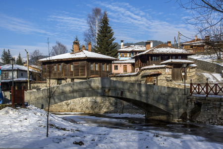 KOPRIVSHTITSA, BULGARIA - DECEMBER 13, 2013: Winter view of Old House  in historical town of Koprivshtitsa, Sofia Region, Bulgariaのeditorial素材