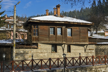 KOPRIVSHTITSA, BULGARIA - DECEMBER 13, 2013: Winter view of Old House  in historical town of Koprivshtitsa, Sofia Region, Bulgariaのeditorial素材