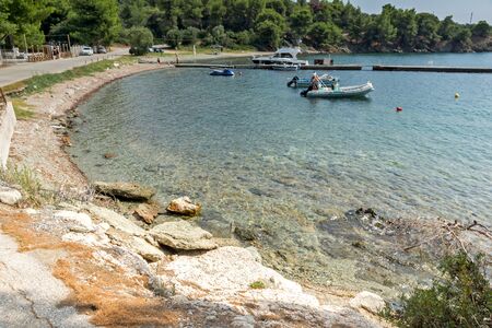 CHALKIDIKI, CENTRAL MACEDONIA, GREECE - AUGUST 25, 2014: Seascape of Spalathronisia beach at Sithonia peninsula, Chalkidiki, Central Macedonia, Greeceのeditorial素材