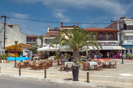CHALKIDIKI, CENTRAL MACEDONIA, GREECE - AUGUST 25, 2014: Panorama of Coastline of town of Neos Marmaras at Sithonia peninsula, Chalkidiki, Central Macedonia, Greeceのeditorial素材