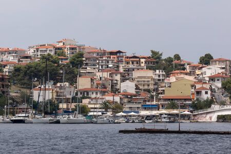 CHALKIDIKI, CENTRAL MACEDONIA, GREECE - AUGUST 25, 2014: Panorama of Coastline of town of Neos Marmaras at Sithonia peninsula, Chalkidiki, Central Macedonia, Greeceのeditorial素材
