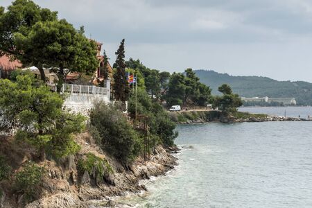 CHALKIDIKI, CENTRAL MACEDONIA, GREECE - AUGUST 25, 2014: Panorama of Coastline of town of Neos Marmaras at Sithonia peninsula, Chalkidiki, Central Macedonia, Greeceのeditorial素材
