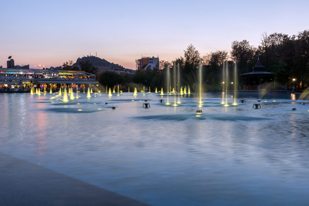 PLOVDIV, BULGARIA - SEPTEMBER 3, 2016:  Night panorama of Singing Fountains in City of Plovdiv, Bulgariaのeditorial素材