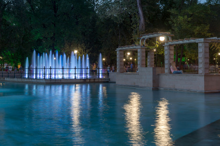 PLOVDIV, BULGARIA - SEPTEMBER 3, 2016:  Night panorama of Singing Fountains in City of Plovdiv, Bulgariaのeditorial素材