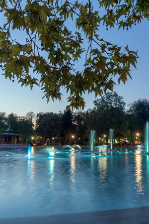 PLOVDIV, BULGARIA - SEPTEMBER 3, 2016:  Night panorama of Singing Fountains in City of Plovdiv, Bulgariaのeditorial素材