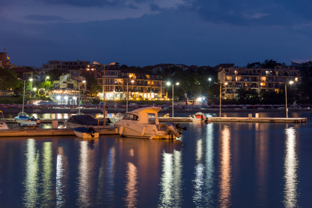 CHERNOMORETS, BULGARIA - AUGUST 14, 2017: Amazing Night seascape of port of Chernomorets, Burgas region, Bulgariaのeditorial素材