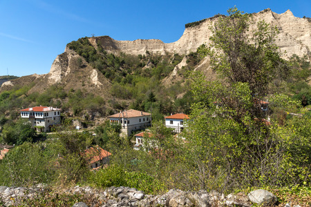Sand pyramids and Panorama to town of Melnik, Blagoevgrad region, Bulgariaの写真素材