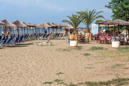 CHALKIDIKI, CENTRAL MACEDONIA, GREECE - AUGUST 25, 2014: Seascape of Fisher Beach Psakoudia at Sithonia peninsula, Chalkidiki, Central Macedonia, Greeceのeditorial素材