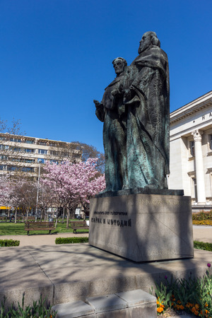 SOFIA, BULGARIA - APRIL 1, 2017: Spring view of National Library St. Cyril and St. Methodius in Sofia, Bulgariaのeditorial素材