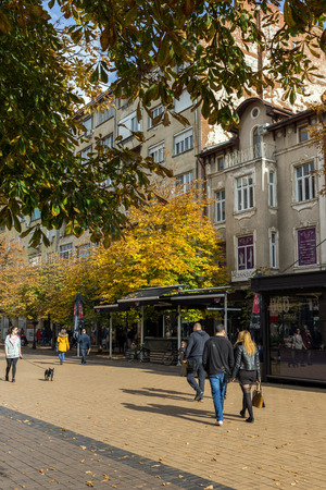 SOFIA, BULGARIA -NOVEMBER 12, 2017: Walking people on Boulevard Vitosha in city of Sofia, Bulgariaのeditorial素材