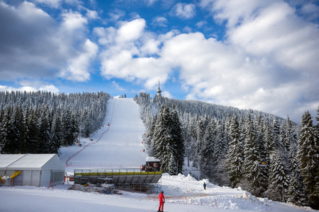 PAMPOROVO, BULGARIA - JANUARY 20, 2013: Snezhanka peak and Ski resort Pamporovo in Rhodope Mountains, Smolyan Region, Bulgariaのeditorial素材