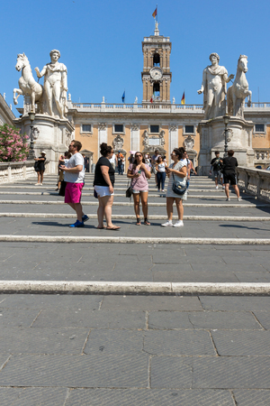 ROME, ITALY - JUNE 23, 2017: Statue and Flowers in front of Capitoline Museums in city of Rome, Italyのeditorial素材