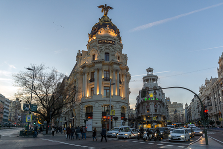 MADRID, SPAIN - JANUARY 23, 2018:  Sunset view of Gran Via and Metropolis Building in City of Madrid, Spainのeditorial素材